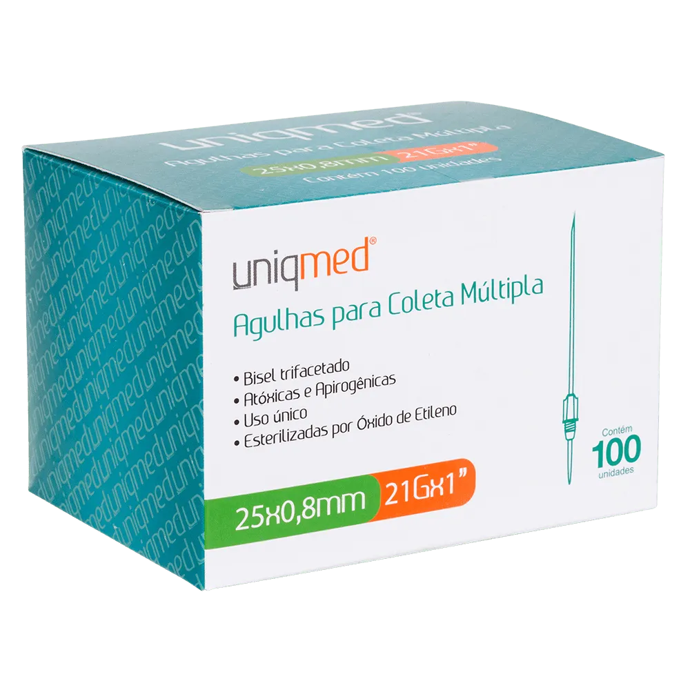 Agulha para Coleta Múltipla Uniqmed 21G 0,80 x 25 mm Caixa com 100 Unidades