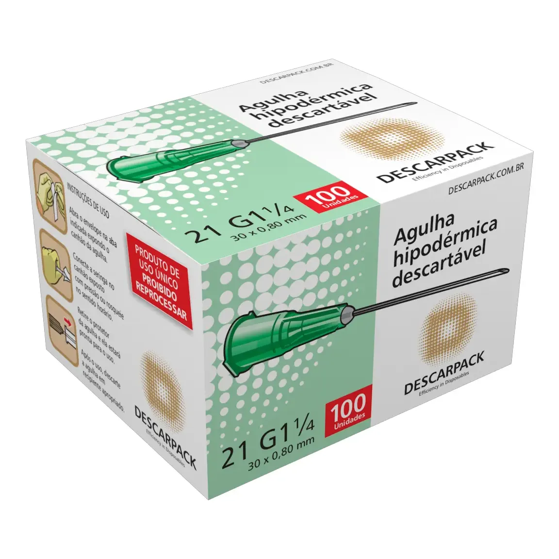 Agulha Hipodérmica BD 21G 0,80 x 30 mm Caixa com 100 Unidades