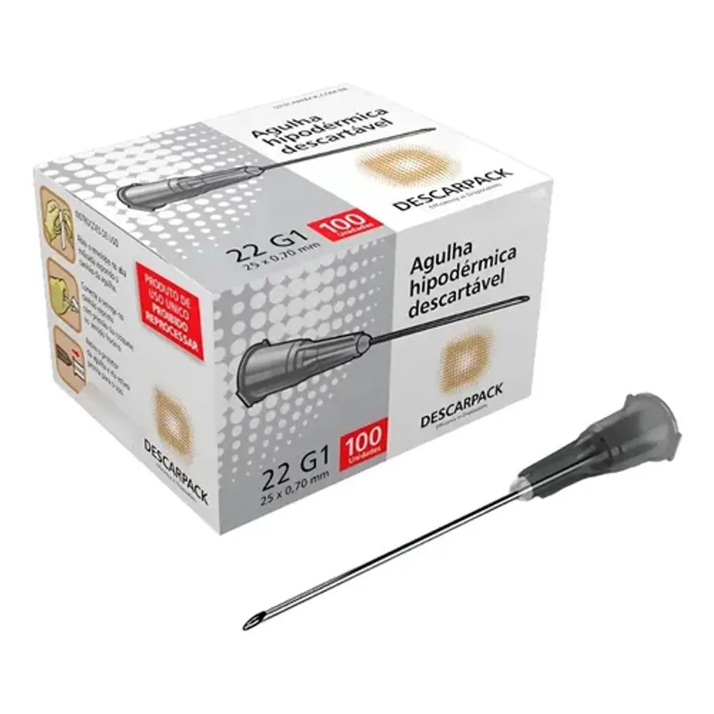 Agulha Hipodérmica BD 22G 0,70 x 25 mm Caixa com 100 Unidades