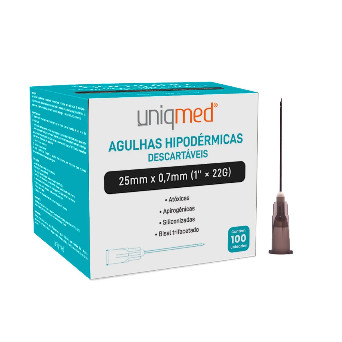 Agulha Hipodérmica Uniqmed 22G 0,70 x 25 mm Caixa com 100 Unidades