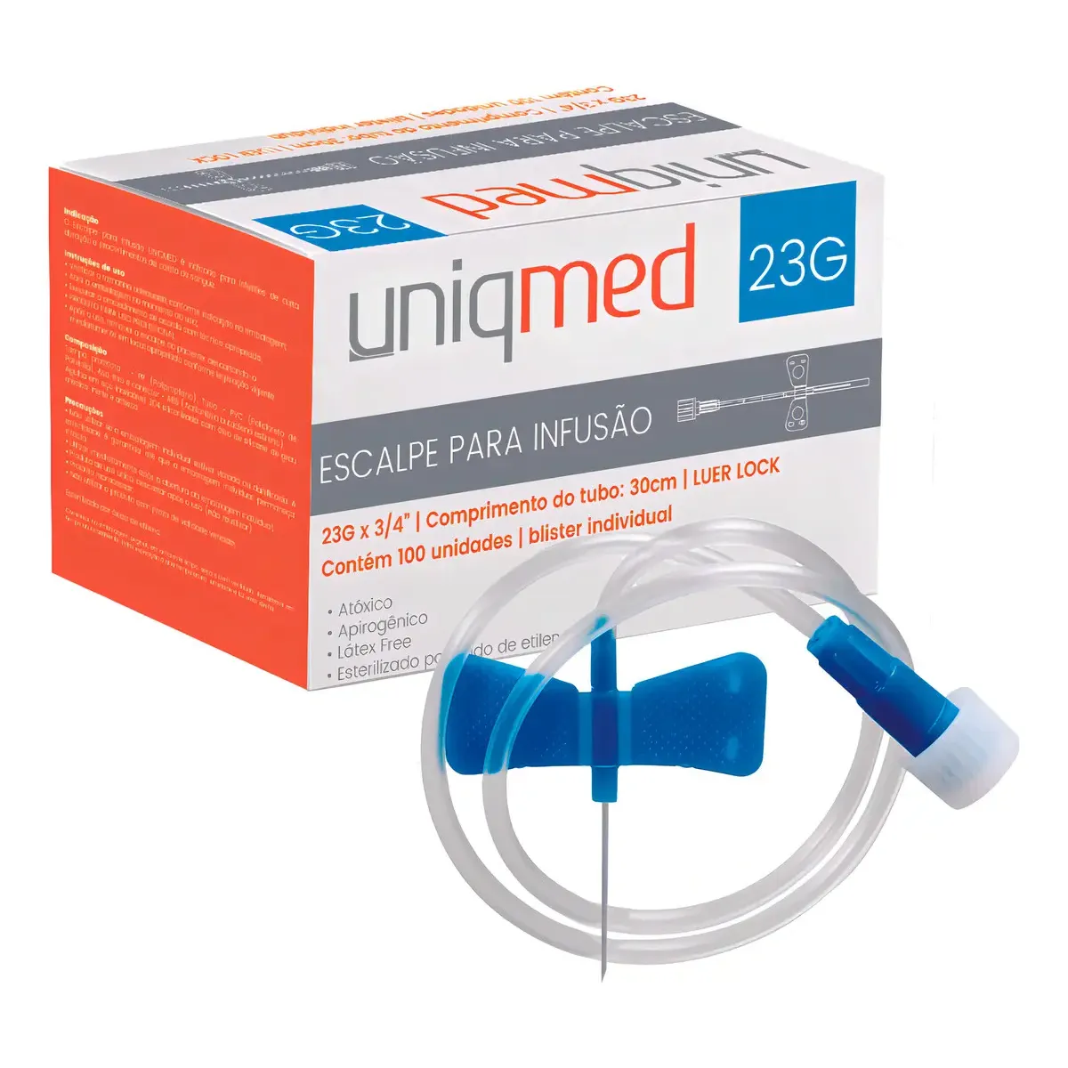 Escalpe para Infusão Uniqmed 23G com Tubo de 30 cm Caixa com 100 Unidades