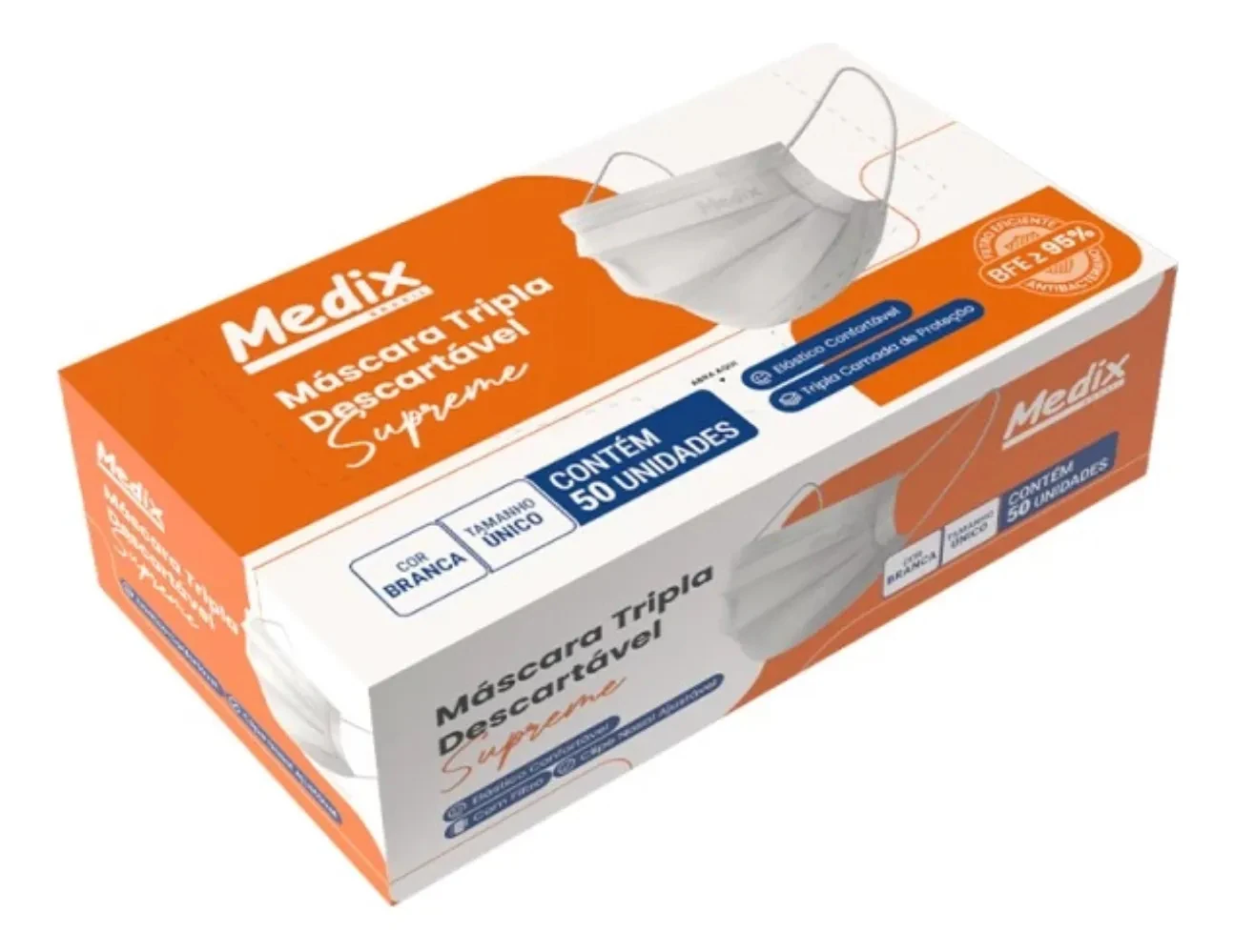 Máscara Descartável Tripla Supreme Medix Branca Caixa com 50 Unidades, imagem 2